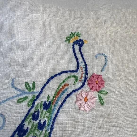 VTG Embroidered White Dresser Scarf Table Peacock Bird Flowers 39x14 Set Of 4 - Picture 9 of 16
